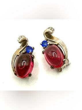 Vintage Crown Trifari Sterling Patented Red Cabochon Earrings 141907 Repair